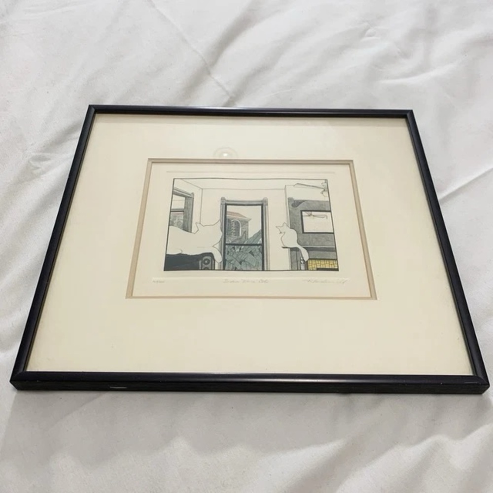 Vtg Rick Loudermilk “Indoor Blue Cats“ Hand Colored Etching Limited Edition #163